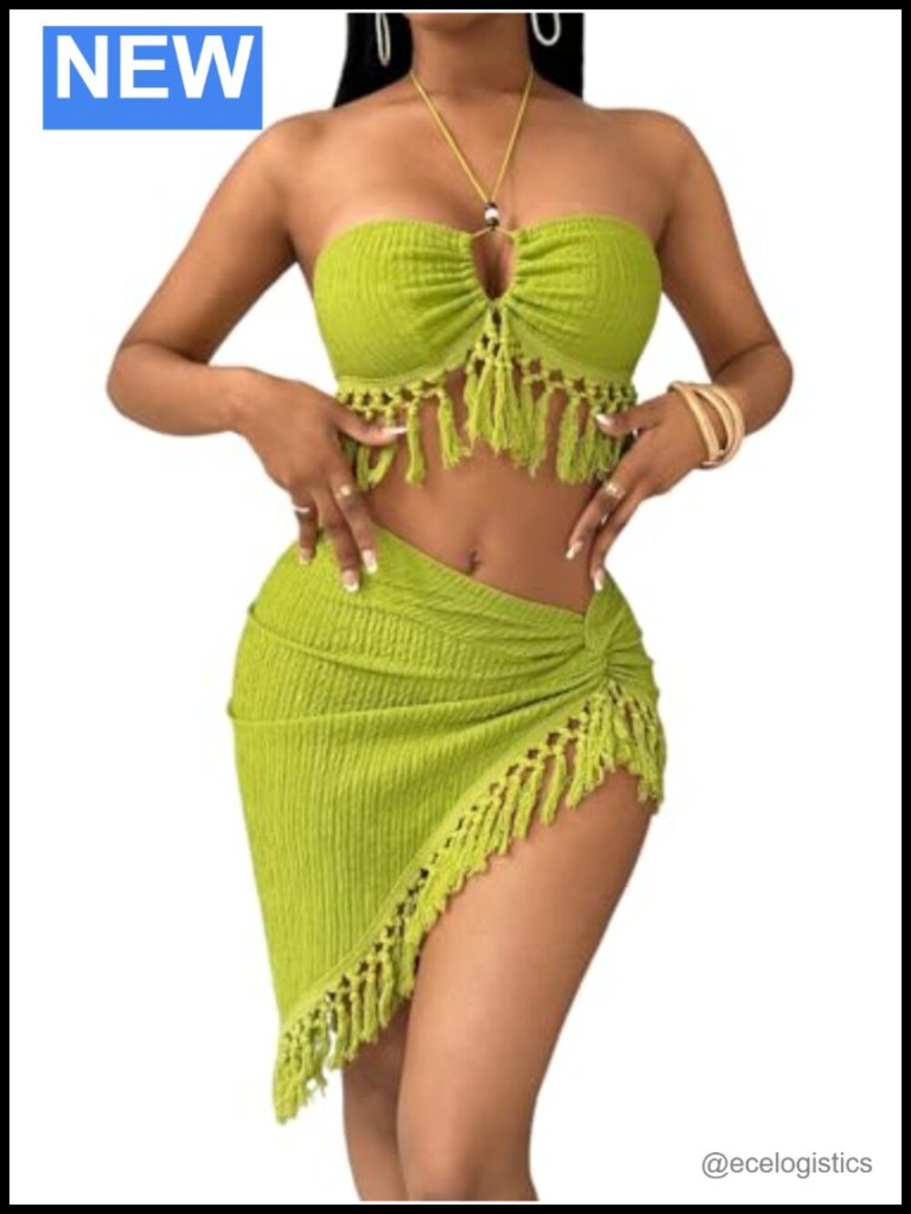 Women's 2 Piece Beaded Backless Halter Crop Top & Twist Front Skirt Set
